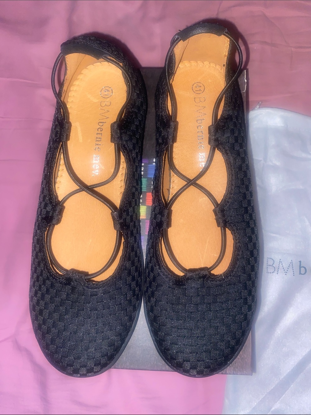 bernie mev. Black Woven Ballet Flats with Crossed Elastic Straps